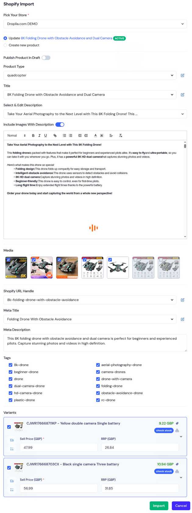 Update Shopify product - Droplla